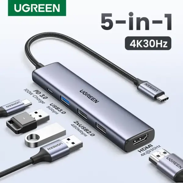UGREEN 5 en 1 USB C Hub 4K HDMI USB HUB 100W Adaptador para Pc, Mac