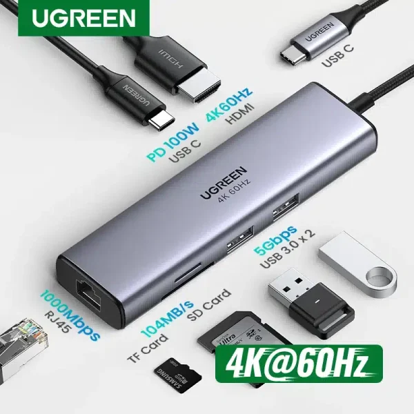 UGREEN USB C HUB 4K60Hz 7 en 1 tipo C a HDMI USB3.0 5Gbps para MacBook portátil
